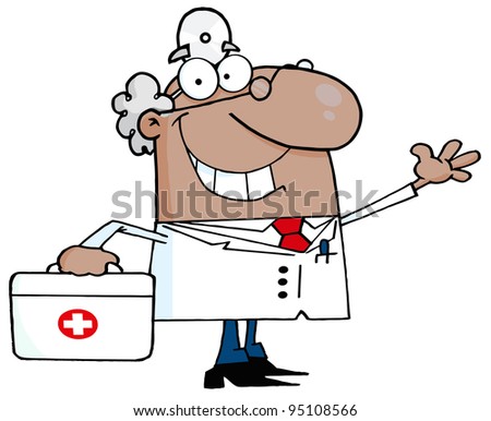 African American  Male Doctor With A First Aid Kit Waving