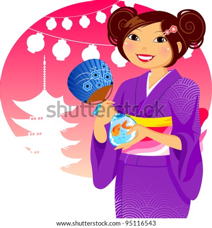 Japanese girl in kimono during the traditional summer festival (raster version)