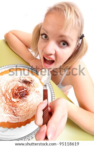 Funny picture of a overweight woman eating sweet cream cake.