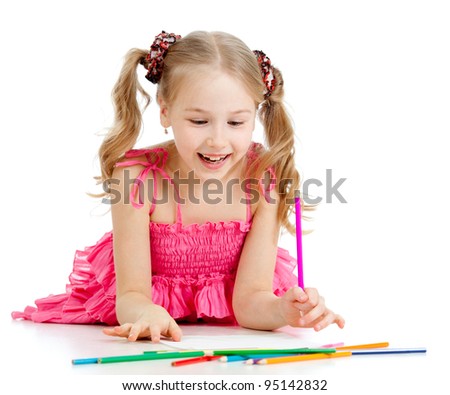 happy pretty girl drawing with pencils