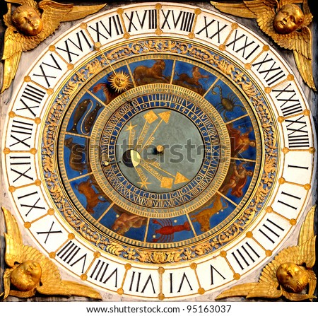 Renaissance Astronomical clock in Brescia, Italy (1540-50). Displays hours, moon phases and the zodiac. Royalty-Free Stock Photo #95163037