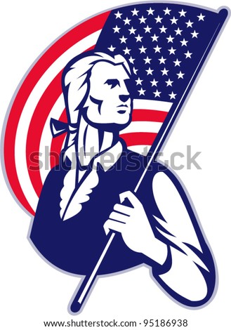 vector Illustration of a patriot minuteman revolutionary soldier holding an American stars and stripes flag on isolated background.