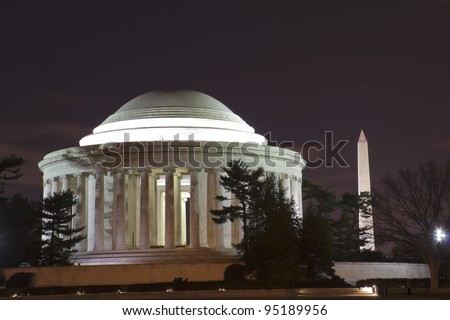 National Mall, Thomas Jefferson Memorial and Washington Monument at night, Washington DC, United States of America