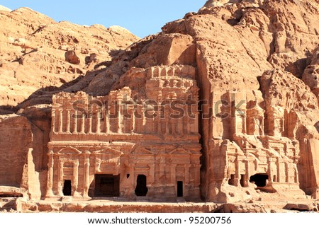 Petra, Lost rock city of Jordan. Petra's temples, tombs, theaters and other buildings are scattered over 400 square miles. UNESCO world heritage site and one of The New 7 Wonders of the World. Royalty-Free Stock Photo #95200756