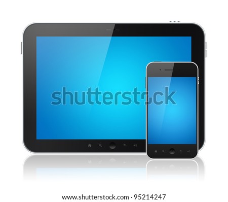 Modern digital tablet PC with mobile smartphone isolated on white. Include clipping path for tablet and phone.
