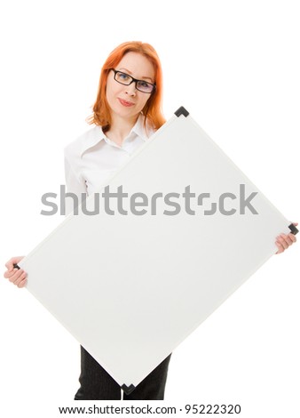 Young businesswoman showing blank signboard, on a white background.