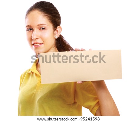 A smiling girl holding an empty blank, isolated on white background