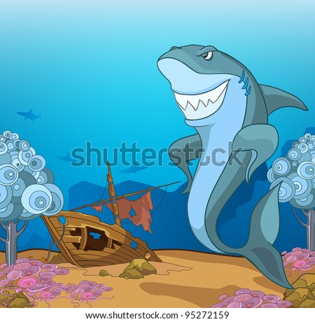 Ocean Underwater World Cartoon. Coral Reef with Alga and Fish. Vector.