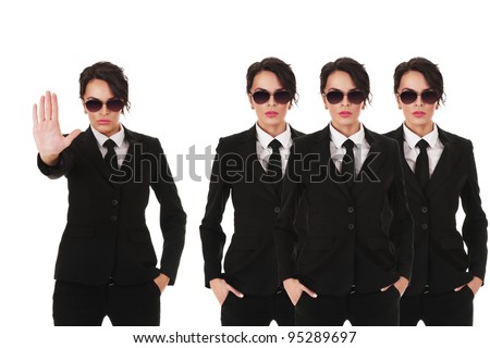 Group of young secret service agents or police officers isolated over white background