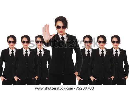 Group of young secret service agents or police officers isolated over white background