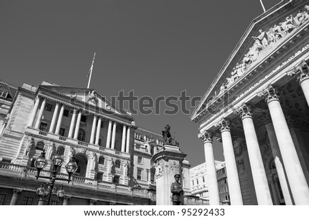 Black and White image of Bank of England and Royal Exchange. London - England