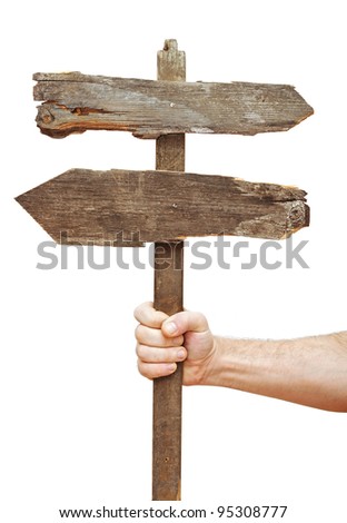 Old wooden signpost on hand isolate on white