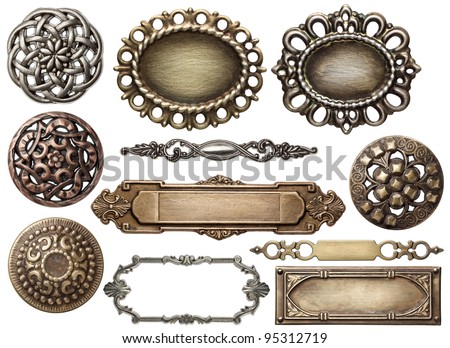 Vintage metal frames, buttons, isolated. Royalty-Free Stock Photo #95312719