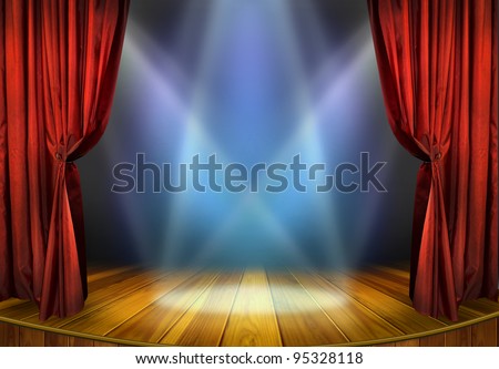 Theater stage with red curtains and spotlights. Theatrical scene in the light of searchlights, the interior of the old theater. Royalty-Free Stock Photo #95328118