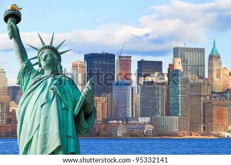 The Statue of Liberty and Manhattan New York City Skyline