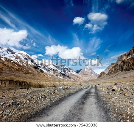 Road in mountains (Himalayas). Spiti Valley,  Himachal Pradesh, India Royalty-Free Stock Photo #95405038