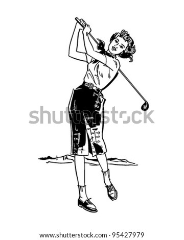 Lady Golfer Teeing Off - Retro Clipart Illustration
