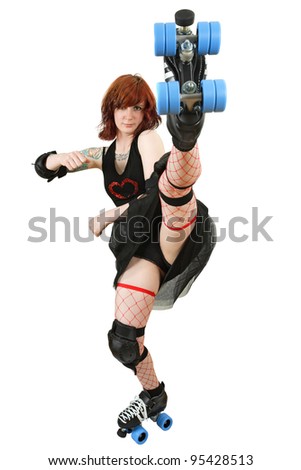Photo of a roller derby girl kicking her skate up in the air. Isolated on white background.