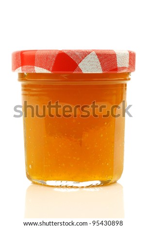 glass jar with fruit jam with room for your label, text or images on a white background