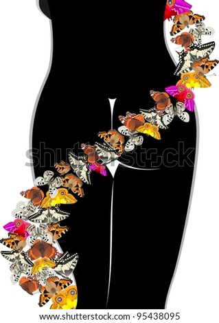 The contour of the female figure surrounded by butterflies. The illustration on a white background.