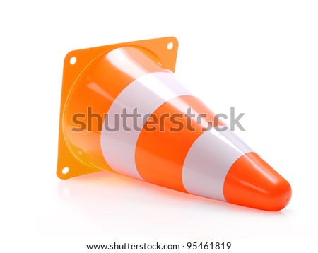 Fallen road warning cone shot on white background