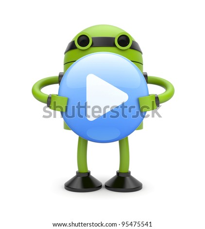 3d Robot with play button. Image contain clipping path