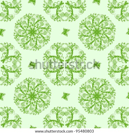 illustration of a green seamless floral background with butterflies