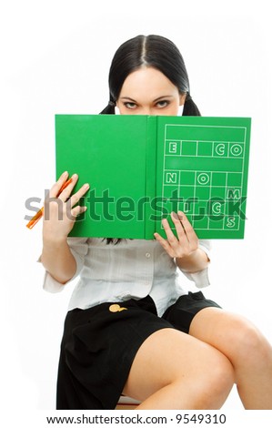 woman cover book on white background