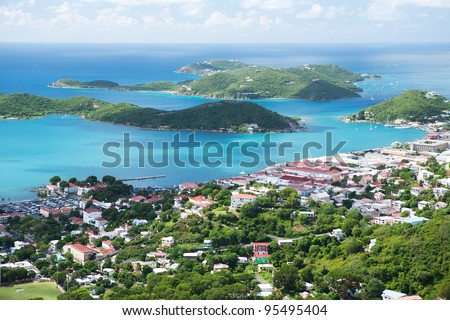 Aerial view of the island of St Thomas, USVI. Charlotte Amalie - cruise bay. Royalty-Free Stock Photo #95495404