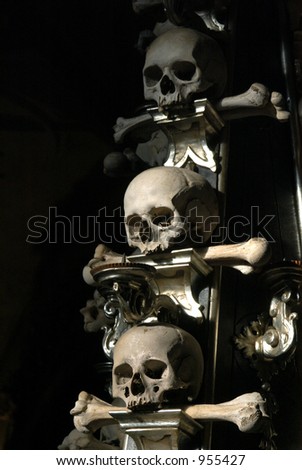 Decoration from human skulls and bones in the Ossuary at Sedlec near Kutna Hora, Czech Republic
