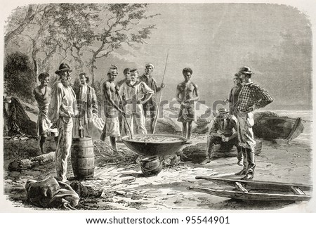 Trepang cooking in New Caledonia (sea cucumber course). Created by Neuville after photo of unknown author, published on Le Tour Du Monde, Paris, 1867