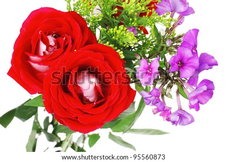 flowers : big bouquet of rose and pansy flowers with green grass isolated over white background