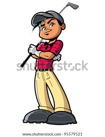 Man boy golfer with red shirt and golf club, arms folded across chest, with attitude.