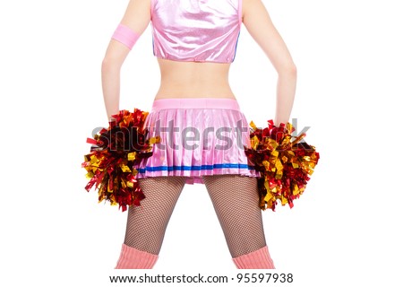 Cheerleader with pompoms, standing back, body portrait of girl ass wearing pink uniform, posing isolated over white background, series photo
