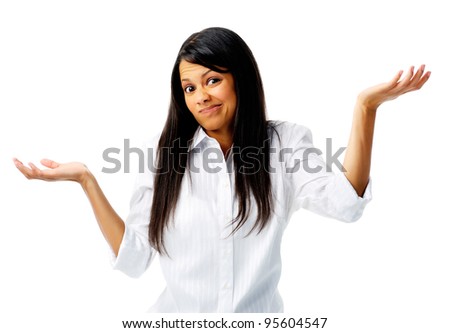 Pretty woman shrugs shoulders with open palms Royalty-Free Stock Photo #95604547