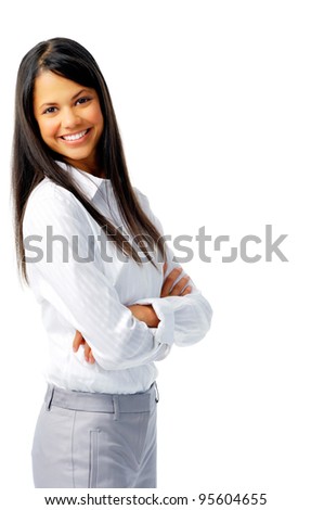 Smiling cheerful woman with her arms crossed, isolated on white