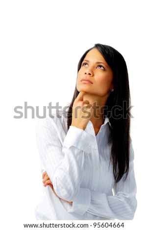 Indian businesswoman touching her chin and looking up, isolated on white