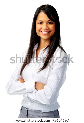Confident hispanic woman in white blouse, isolated on white
