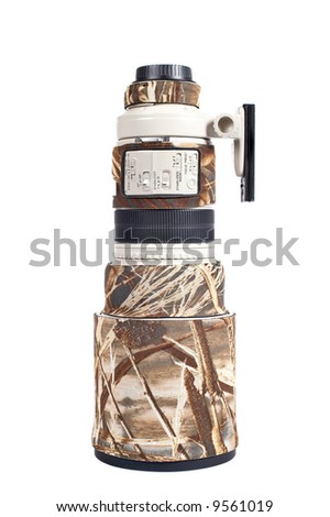 Camera telephoto with camouflage cover isolated on the white background