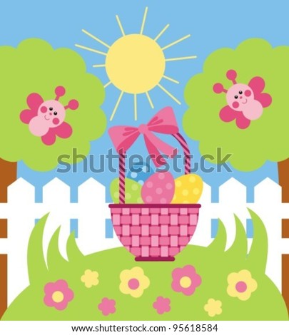 Wicker basket with Easter eggs is in the meadow with flowers. Vector image.
