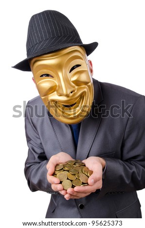 Masked man with coins on white