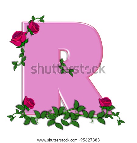 The letter R, in the alphabet set Blushing Roses, is soft pink.  Climbing vines cling to letter and flower with beautiful red roses.