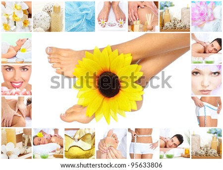 Legs with flower. Woman getting spa massage. Body care collage.