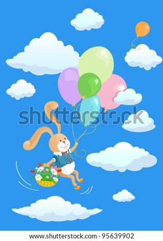 Rabbit flying by balloons