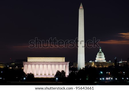Washington DC National Mall at sunrise, including Lincoln Memorial, Monument and United States Capitol building