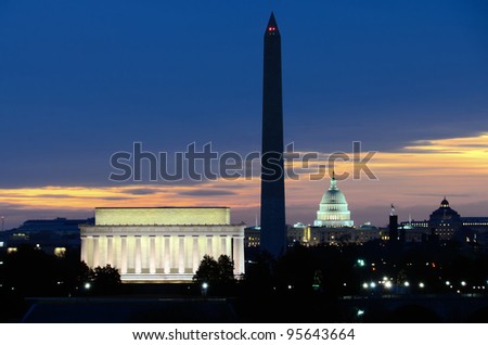 Washington DC National Mall at sunrise, including Lincoln Memorial, Monument and United States Capitol building