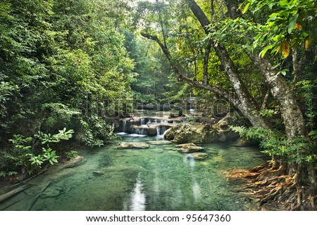 Background of tropical jungle. Erawan waterfall is located at not deep forest of Thailand. Environment of the jungle has leafy, clear water and a lot of fish.it call tropical rainforest in kanchanabur