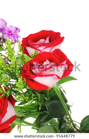 flowers : bouquet of rose and pansy flowers with green grass isolated over white background