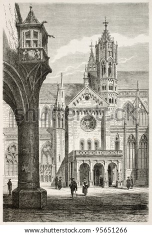 Freiburg Minster side portal old view, Germany. Created by Stroobant, published on Le Tour Du Monde, Paris, 1867