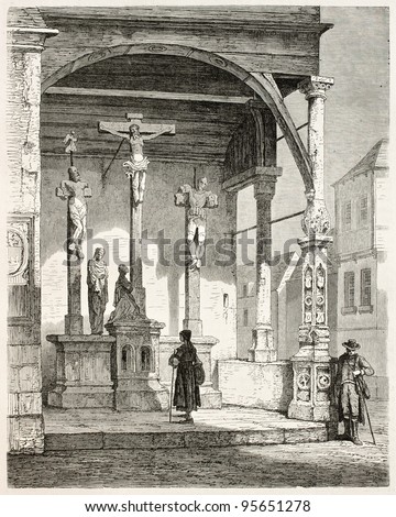 Calvary sculpture in Bad Wimpfen old illustration, Germany. Sculpted by Backoffen de Mayence, drawing by Stroobant, published on Le Tour Du Monde, Paris, 1867